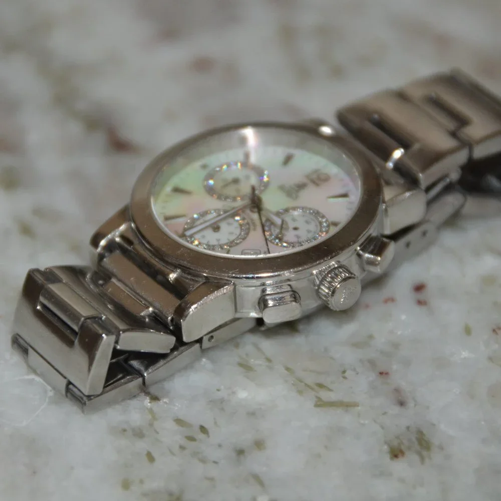 RARE VINTAGE ESTATE MAYORS BIRKS DIAMOND WHITE MOP CHRONOGRAPH SILVER BAND WATCH